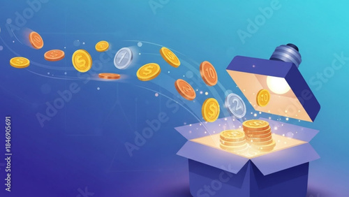 A blue open treasure box with gold and silver coins flying out into the air on a gradient blue background with sparkles