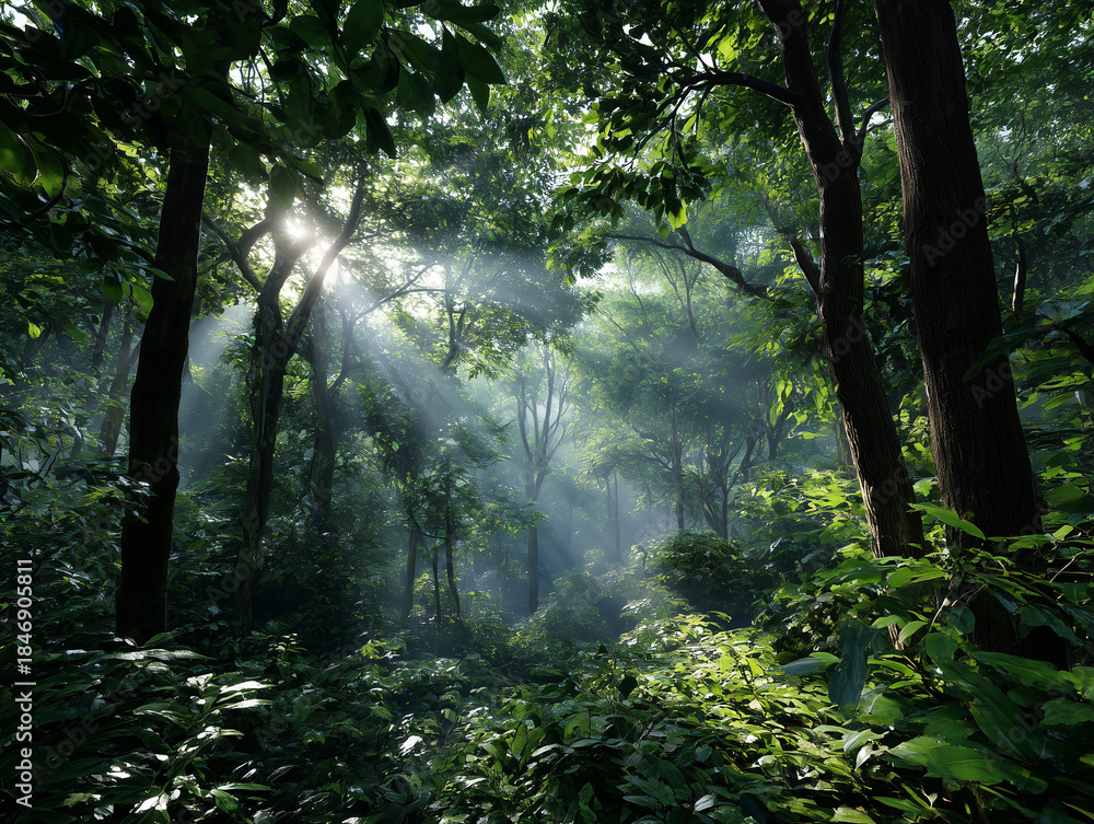Obraz premium Forest trees with sunlight streaming through leaves and fog