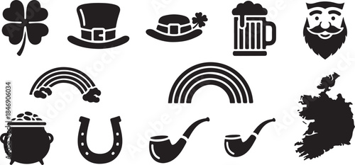 St patricks day icon set black silhouette