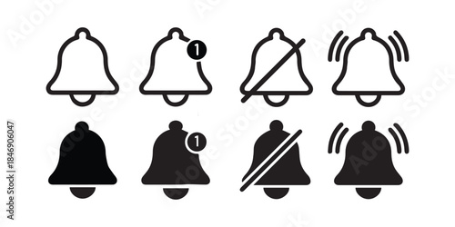 Notification bell icon set. Alarm symbol. Incoming message symbol.