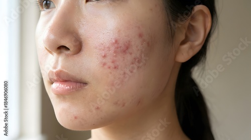 Young Asian Woman with Acne Inflamed Pimples and Redness on Face Closeup