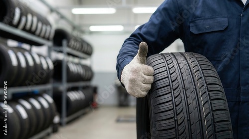 Mechanic holding a new tire and giving a thumbs up in a tire shop