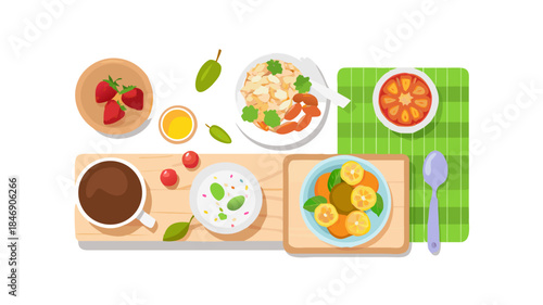 A colorful healthy breakfast flat lay with fresh fruits, oats, nuts, yogurt, and herbal tea, clean minimal style, nourishing lifestyle concept.