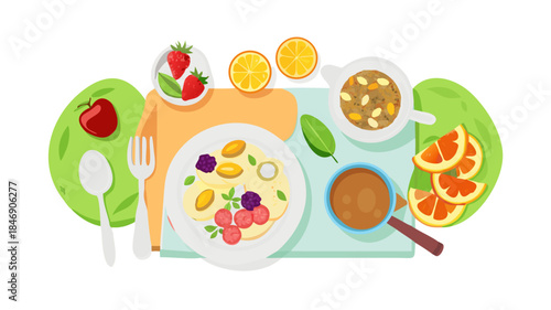 A colorful healthy breakfast flat lay with fresh fruits, oats, nuts, yogurt, and herbal tea, clean minimal style, nourishing lifestyle concept.