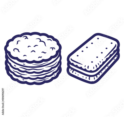 Hand drawn illustration featuring two distinct styles of biscuits perfect for food related projects