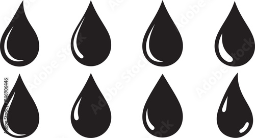 Eight black liquid drop icons set