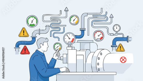 Industrial process monitoring technician observing complex machinery and gauges with caution symbols
