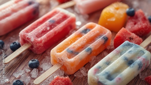 A variety of colorful fruit popsicles with fresh blueberries and watermelon on crushed ice