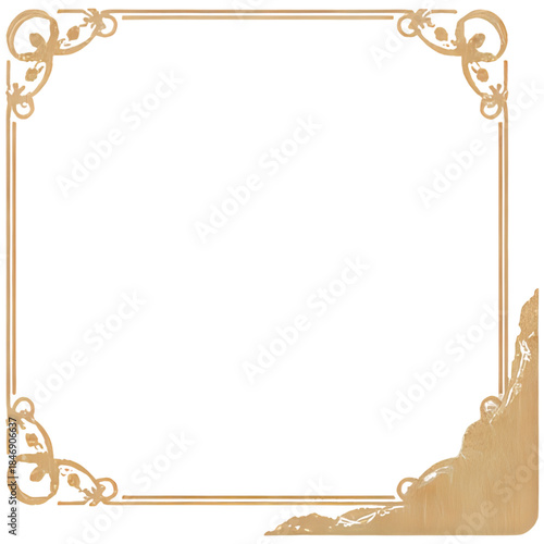 An ornate gold frame with intricate designs and a decorative corner motif on a white background