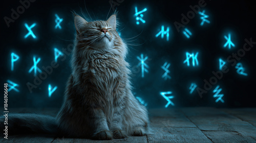 Mystical cat with glowing runes, a picture with the mysterious creature and the strange signs