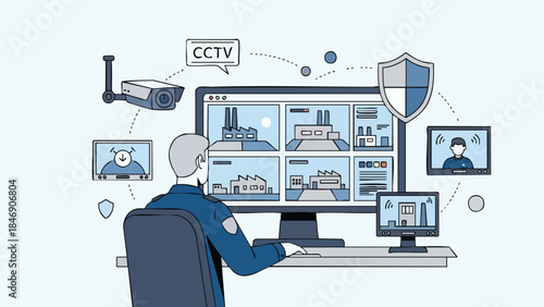 Security control room operator monitoring industrial facilities via CCTV surveillance system with multiple screen displays