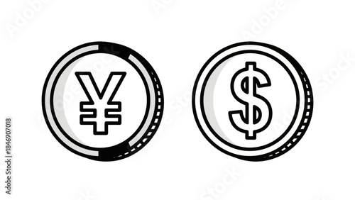 Vector illustration of currency coins, featuring yen and dollar symbols, isolated on white