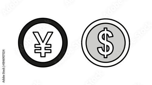 Vector illustration of Japanese yen and US dollar currency symbols as coins