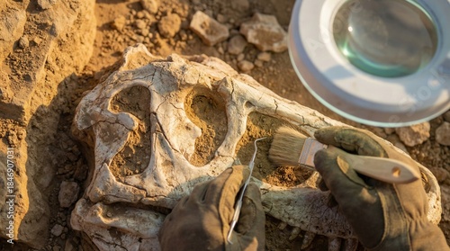 Paleontologist carefully brushes dirt from ancient dinosaur skull fossil during excavation
