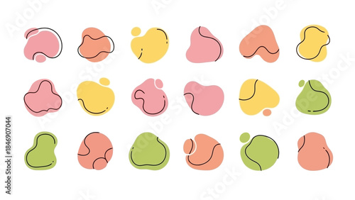 Set of colorful abstract blob shapes with black outlines, ideal for modern design