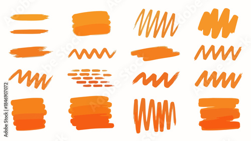 Set of Orange Brush Strokes and Highlighter Elements for Artistic Design