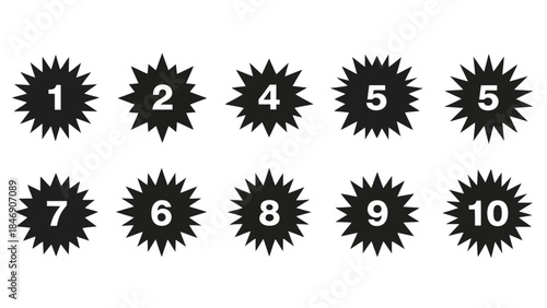 Set of starburst icons with numbers 1 to 10 for design elements and concepts
