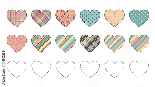 Set of Cute Heart Illustrations with Various Patterns, Ideal for Design Projects