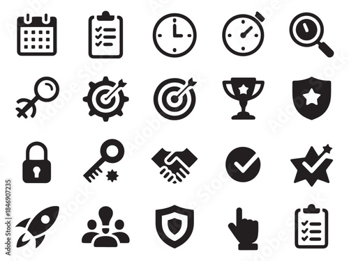 Collection of 20 glyph style icons for business success achievement and productivity management