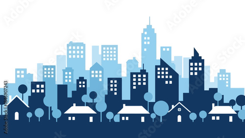 Modern city skyline illustration in shades of blue with buildings and houses.