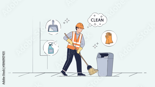 A dedicated cleaning professional tidying an indoor space with essential tools an illustrative graphic for various business needs