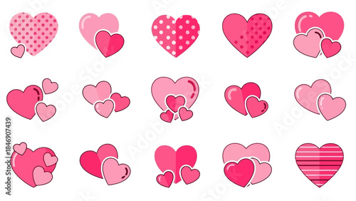 Set of Various Pink Heart Vector Icons for Valentine's Day and Romantic Designs
