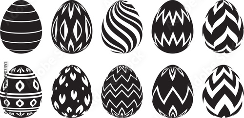 Ten black and white patterned easter eggs
