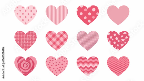 Set of decorative pink hearts with different patterns, vector illustration design elements
