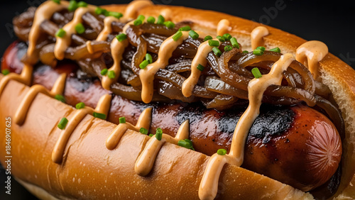 Hotdog Delight: A mouthwatering hot dog is generously adorned with caramelized onions and a drizzle of flavorful sauce, nestled in a soft, toasted bun, a culinary masterpiece.
