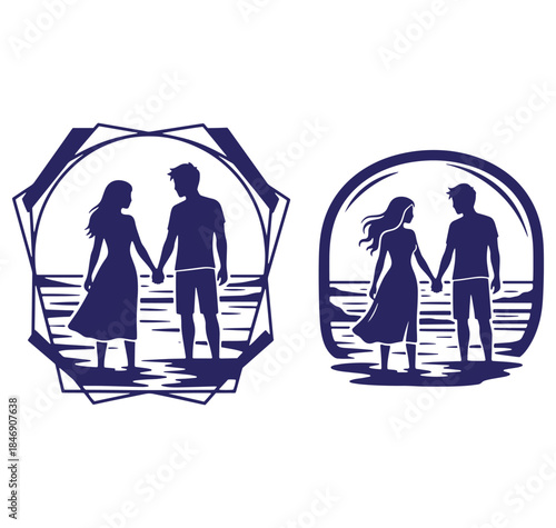 Silhouette of a couple holding hands on a beach emblem for romantic designs