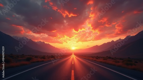 A mesmerizing view of a straight road leading towards a vivid sunset over distant mountains