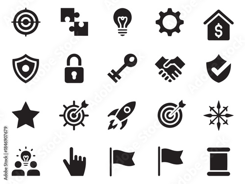 Collection of business and success glyph style icons for projects and strategy