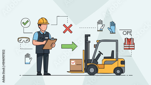 Industrial safety protocol illustration featuring a forklift operator and protective equipment