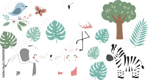 Cute Safari Animal and Tropical Foliage Vector Set; Elephant, Flamingo, and Zebra Elements with Monstera Leaves for Baby Shower or Nursery Decor.