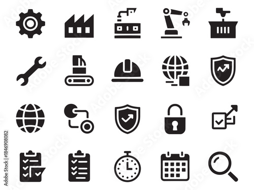 Industrial and business glyph icons set technology manufacturing security and management symbols collection