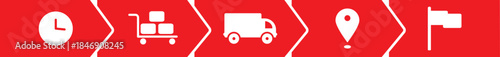 Monitoring stages of goods delivery from the point of sale to the customer. Line icons with red arrows showing a timer, logistics point, delivery van, map location, and the final delivery stage.