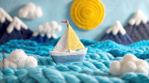 Crafted boat sails on waves made from yarn with sun and clouds in the background