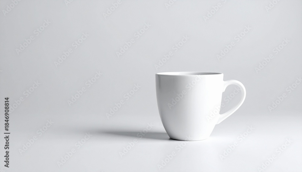 Obraz premium Eine weiße Kaffeetasse steht allein auf einem grauen, neutralen Hintergrund.