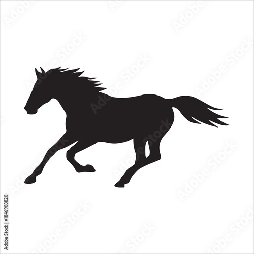 Elegant black horse silhouette running across a white backdrop showcasing movement speed and the powerful animal nature of equines in a minimalist style
