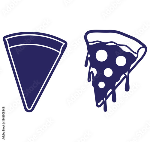 Two pizza slice silhouettes including one with cheese dripping over its edge isolated