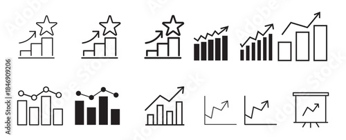 Line graphs bar charts and statistical icons representing growth and data analysis
