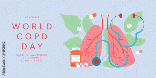 World COPD Day Poster with Lungs, Stethoscope, Medicine Bottle, Pills and Capsules, Leaves. Healthcare Awareness for clinic, social media, print. Flat Vector Illustration.