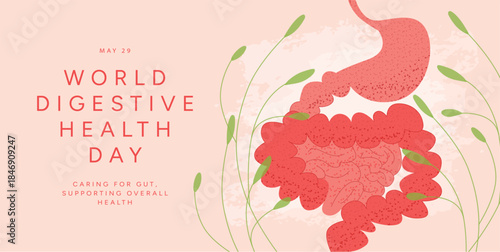 World Digestive Health Day illustration with Stomach, Intestines and Colon. Human Digestive System anatomy with leaves. Healthcare Awareness banner. Flat Vector Illustration isolated.