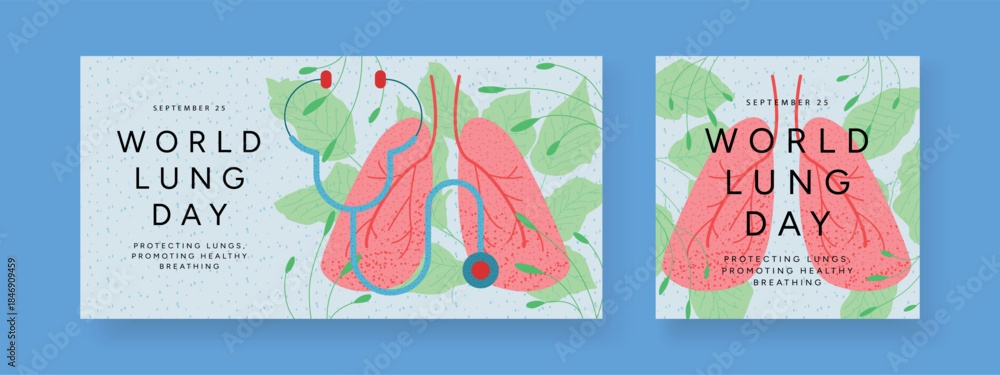 Naklejka premium World Lung Day posters set with Lungs, Stethoscope and leafy background. Healthcare Awareness design for clinic, social media and print, flat Vector Illustration.