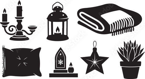 Cozy home decor icons for winter hygge