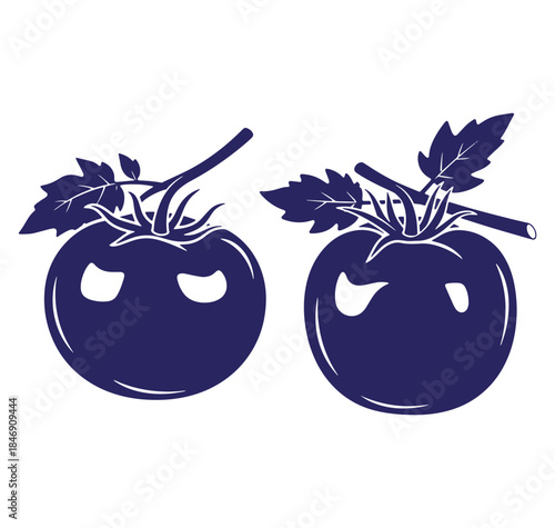 Two stylized vector illustrations featuring fresh ripe tomatoes with leaves and stems isolated