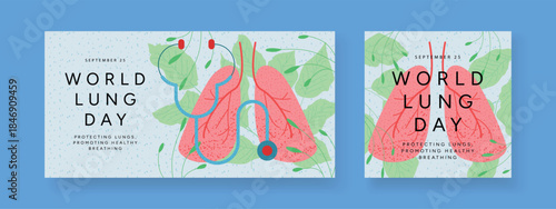 World Lung Day posters set with Lungs, Stethoscope and leafy background. Healthcare Awareness design for clinic, social media and print, flat Vector Illustration.