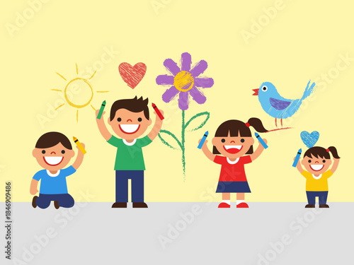 children happily drawing on a wall