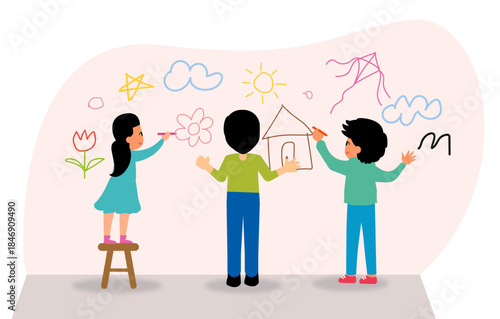 children happily drawing on a wall