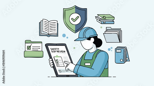 Workplace safety compliance officer reviewing digital safety standards document on tablet computer in modern office with icons representing